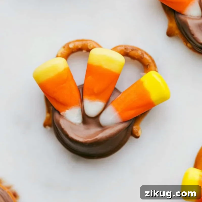 Delicious and Colorful Turkey Pretzel Treat Colorful and tasty turkey pretzel treat, a delightful Thanksgiving snack.