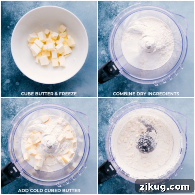 Process shots: freeze butter cubes; combine dry ingredients; add butter; pulse to combine in a food processor.