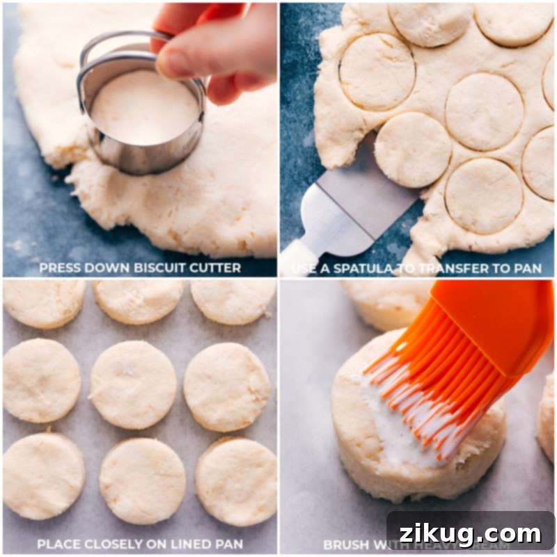 Process shots: Cut biscuits; transfer to the pan; brush with cream.