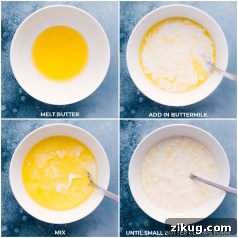 Process shots showing cold buttermilk being added to slightly cooled melted butter and gently stirred until small clumps form.