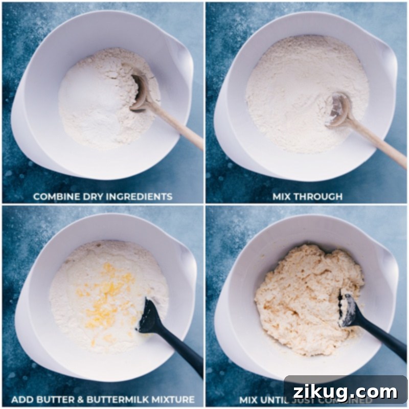 Process shots showing dry ingredients being mixed in a bowl and then the wet butter-buttermilk mixture being added and gently combined.