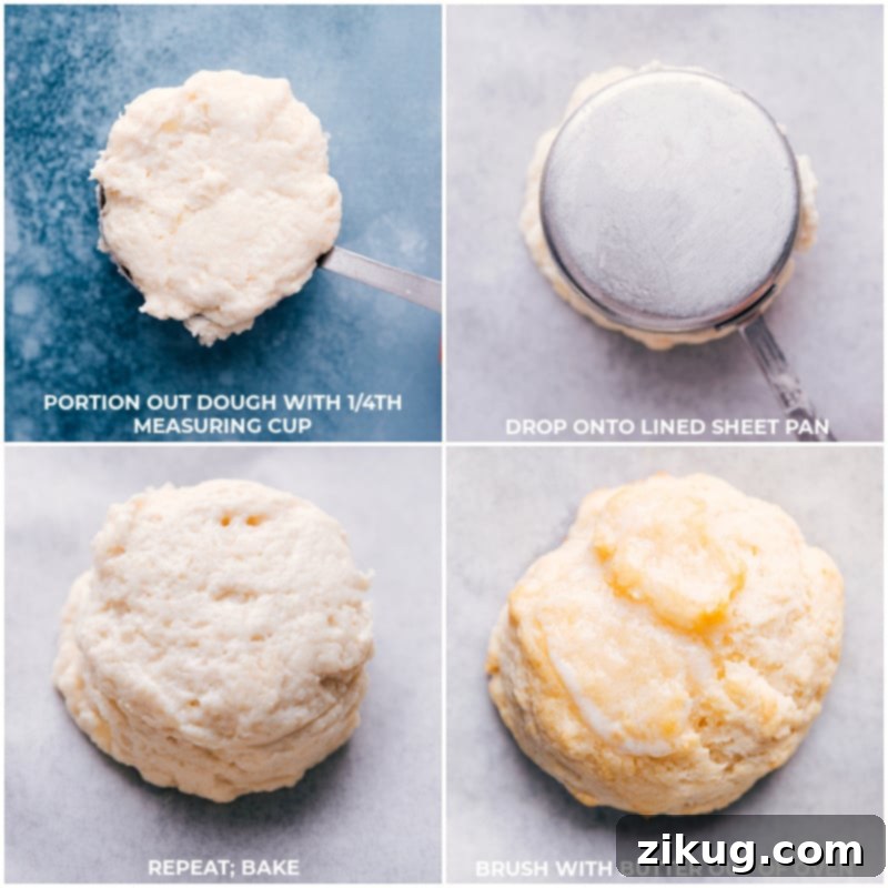 Process shots showing biscuit dough being scooped onto a parchment-lined baking sheet and then the resulting golden-brown baked biscuits.