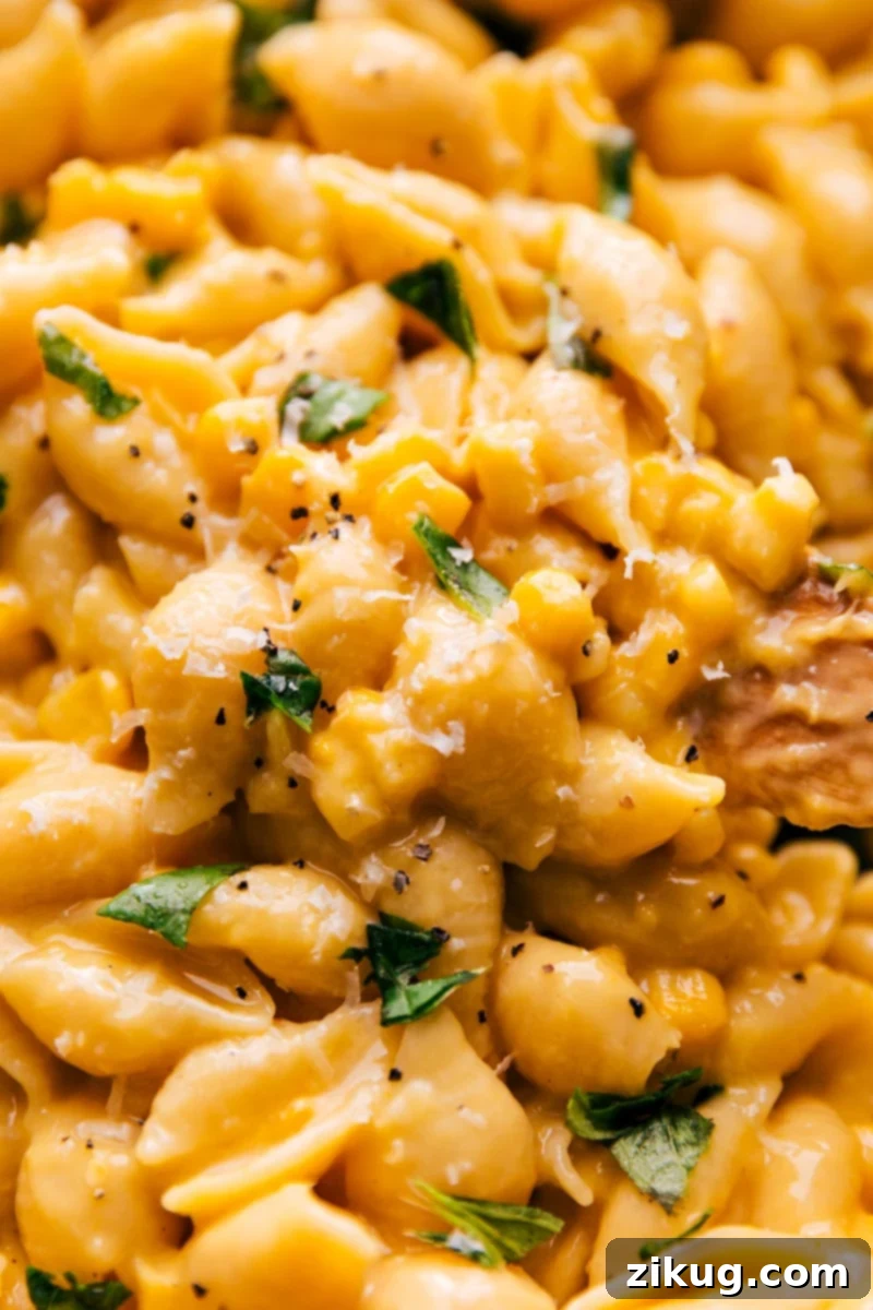 This creamy and healthy Corn Pasta is a deliciously rich pasta dish made without cream or milk, using the secret power of creamed corn. Enjoy this unforgettably tasty pasta year-round, thanks to canned and frozen corn. Recipe via ChelseasMessyApron.com #cheesy #veggies #comfortfood #creamy #thick #pasta #corn A vibrant bowl of creamy corn pasta with fresh basil, showcasing a healthy, dairy-free dish made with creamed corn, perfect for any season.