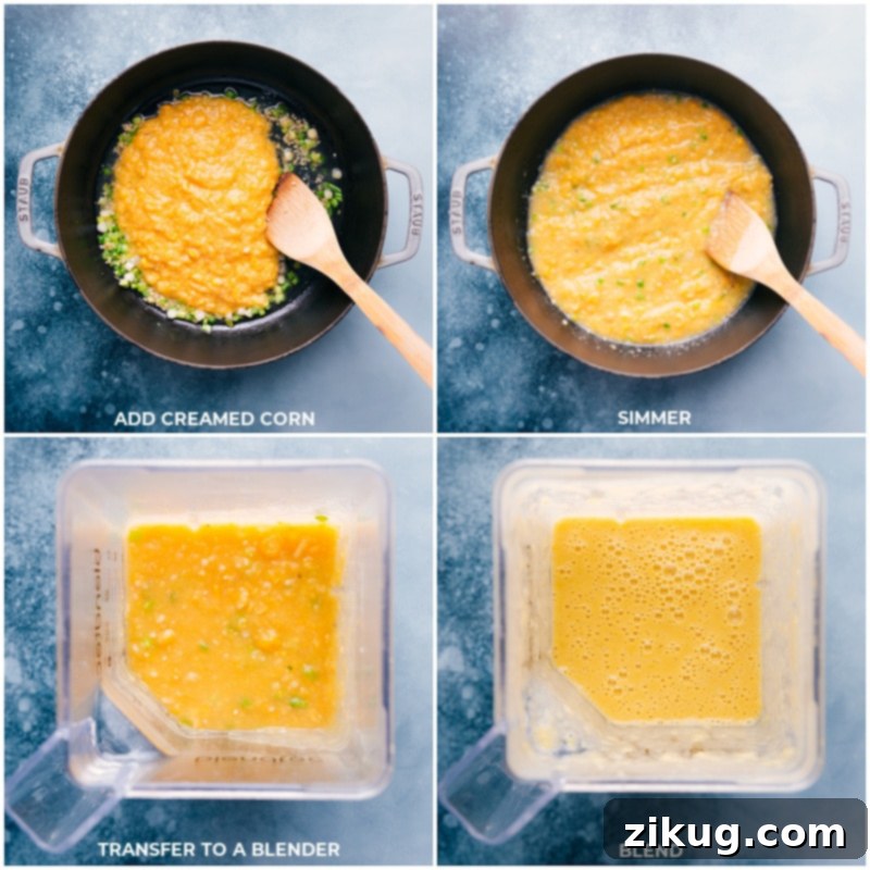This creamy, yet healthy, Corn Pasta features a rich sauce made without cream or milk, thanks to the secret of creamed corn. This delicious pasta can be savored year-round with canned or frozen produce. Recipe via ChelseasMessyApron.com #cheesy #veggies #comfortfood #creamy #thick #pasta #corn Process shot: Adding creamed corn to the sautéed aromatics in a pan, simmering to combine flavors, then transferring the mixture to a blender to achieve a perfectly smooth, creamy sauce for the corn pasta.