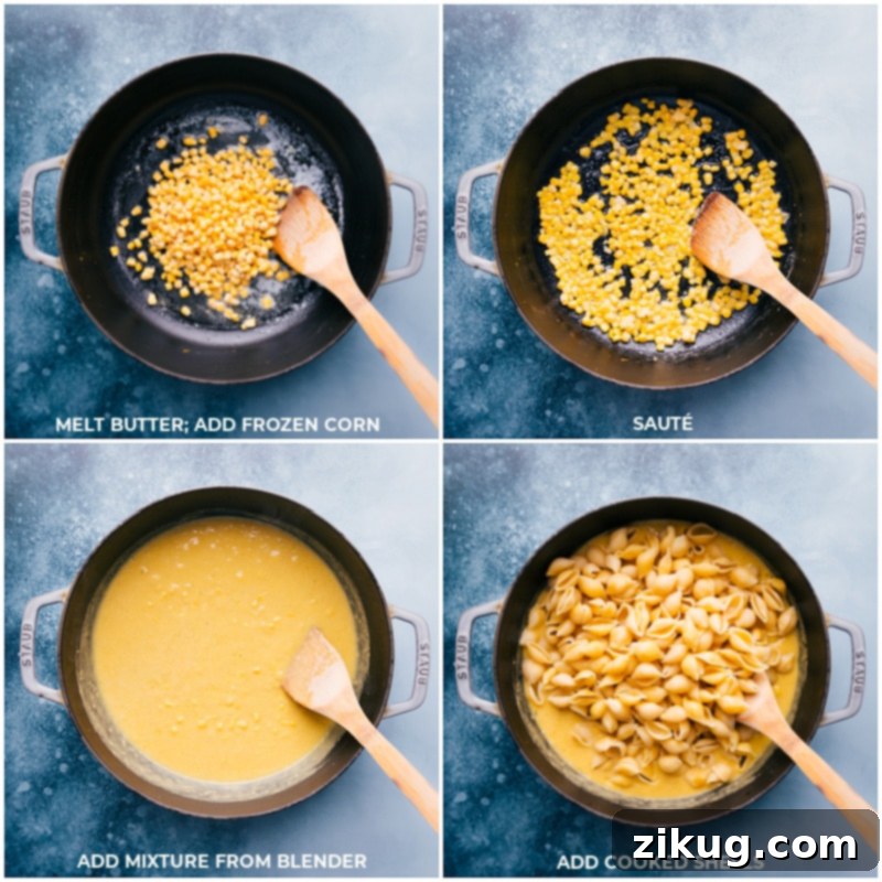 Corn Pasta achieves its ridiculously creamy texture without cream or milk, thanks to the secret ingredient: creamed corn! This unforgettably tasty pasta is perfect any time of the year, using canned and frozen produce. Recipe via ChelseasMessyApron.com #cheesy #veggies #comfortfood #creamy #thick #pasta #corn Process shot: Melting the remaining butter, sautéing frozen corn, adding the blended creamy corn sauce, then mixing in the cooked pasta to create a harmonious and visually appealing corn pasta dish.