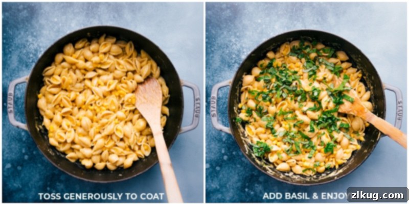 This creamy and secretly healthy Corn Pasta achieves its incredible richness without cream or milk, all thanks to the magic of creamed corn. Recipe via ChelseasMessyApron.com #cheesy #veggies #comfortfood #creamy #thick #pasta #corn Process shot: Gently tossing the creamy corn pasta to coat all ingredients evenly, then garnishing with fresh basil before serving to highlight its vibrant flavors.