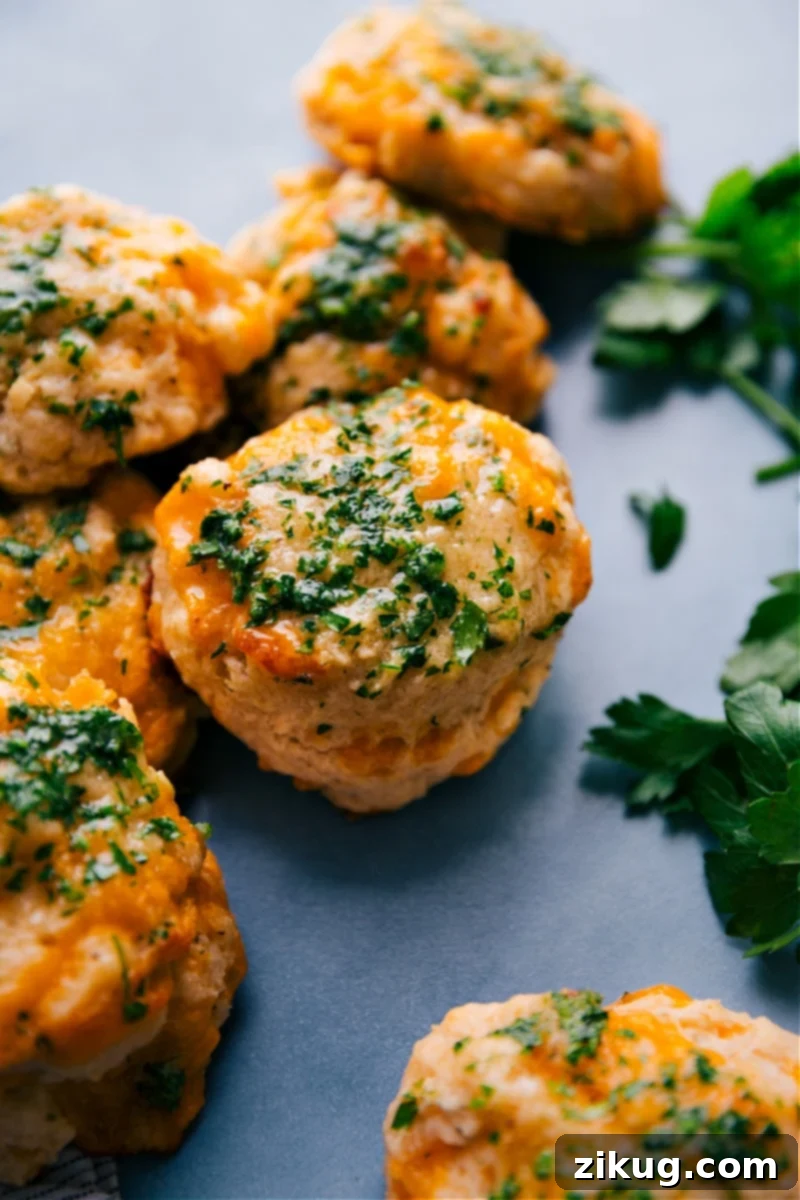Red Lobster Biscuits are a copycat of the famous drop biscuits sold at Red Lobster restaurant! These biscuits are famous for good reason -- they're fluffy, cheesy, and slathered in the most delicious garlic butter. With this copycat recipe, you can have hot and cheesy biscuits ready in a flash, in the comfort of your own home! Recipe via ChelseasMessyApron.com #biscuits #cheesybiscuits #cheesy #redlobstercopycat #garlicbuttter Red Lobster Cheddar Bay Biscuits fresh from the oven, golden brown and covered in garlic butter.