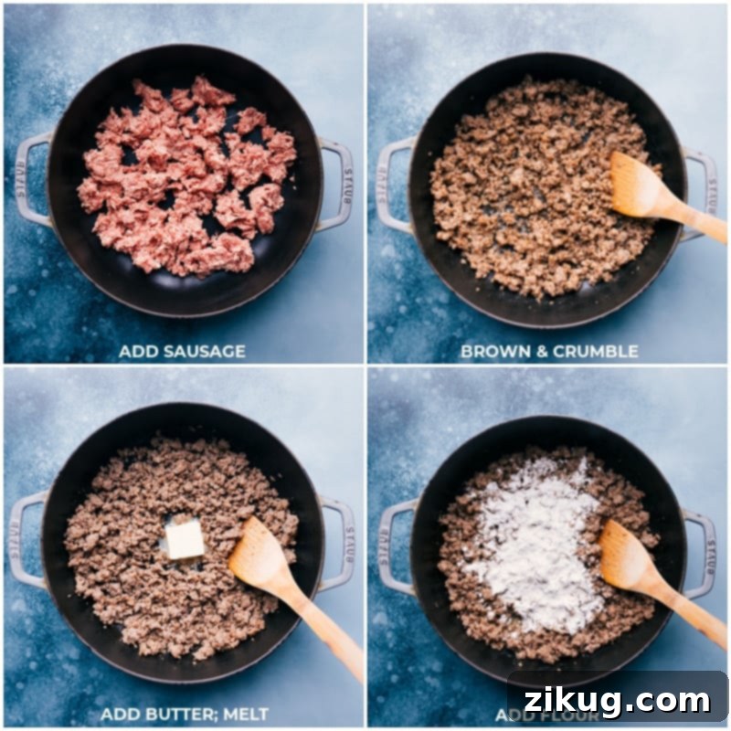 Step-by-step process of browning sausage and melting butter for gravy base.