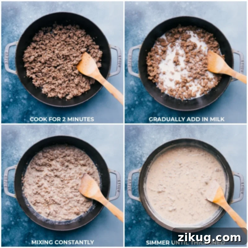 Process shots: incorporating milk into the sausage and flour mixture, stirring constantly until thickened into creamy gravy.