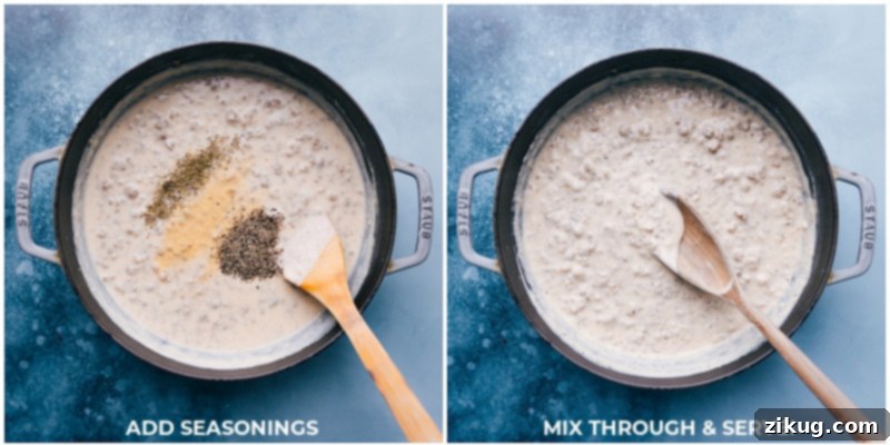 Process shot: adding seasonings to the creamy sausage gravy, stirring to combine for enhanced flavor.