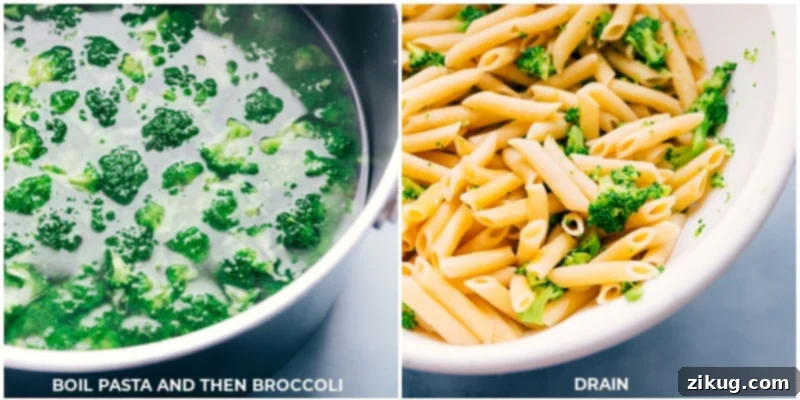 Process shots--adding the broccoli to the boiling pasta partway through the cooking time, a smart tip for one-pot cooking.