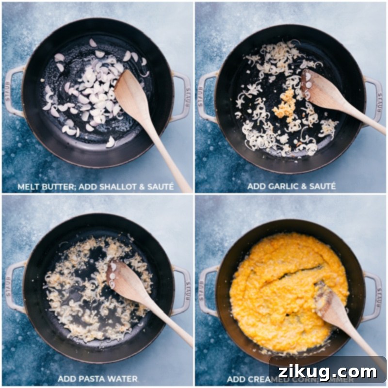 Process shots:-- images of the butter, shallots, garlic, pasta water, and creamed corn being added to the skillet and being sautéed, illustrating the sauce-making process.
