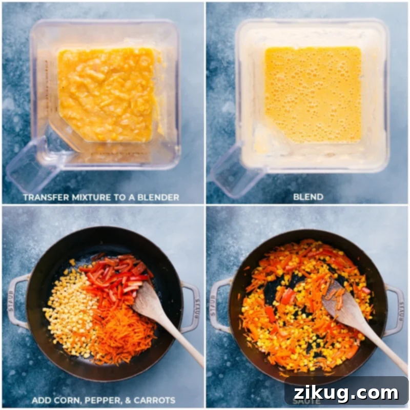 Process shots--transferring the corn mixture to a blender and then sautéeing corn, peppers, and carrots in the pan for the creamy vegetable pasta.