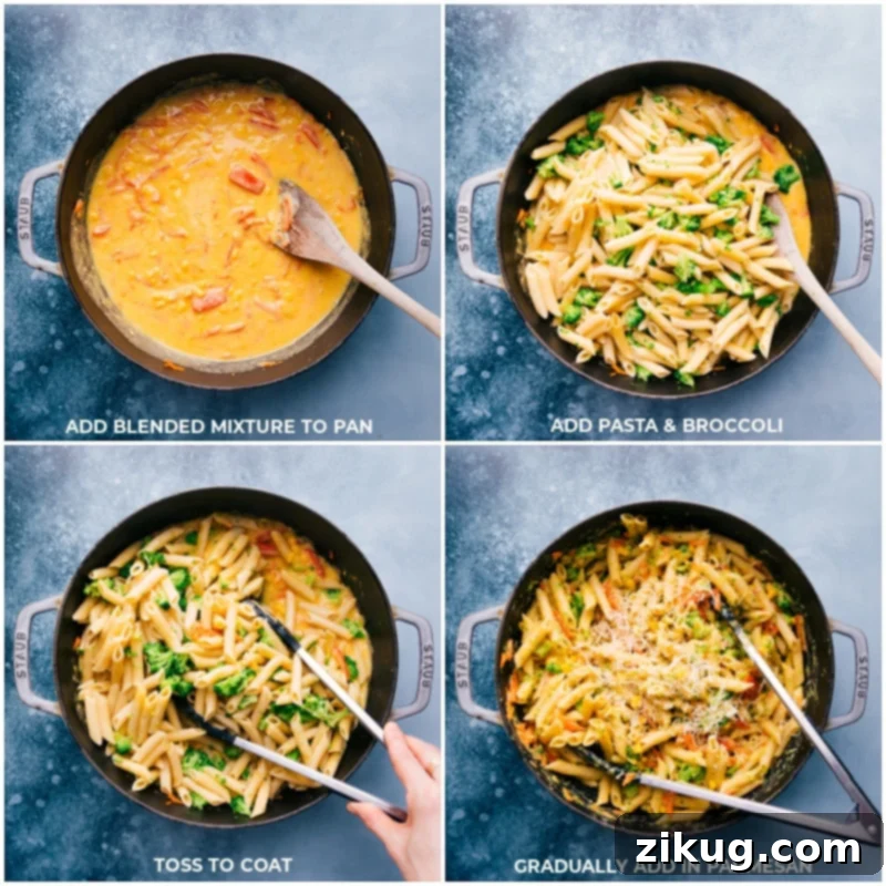 Process shots of Vegetable Pasta-- add the blended mixture back to the skillet and then add drained pasta and broccoli and toss it all together for a creamy finish.