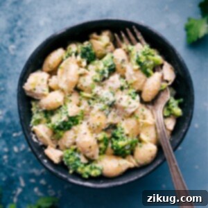 Close-up of creamy Chicken and Broccoli Pasta, showcasing its rich texture