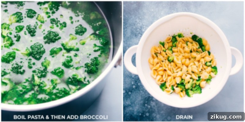 Simple cooking process for Chicken And Broccoli Pasta: Boil pasta, then add broccoli to cook alongside before draining. A quick and easy step for a delicious family dinner! #dinner #quick #easy #simple #best #chicken #broccoli #pasta Process shot showing pasta being boiled and then broccoli added to the pot for the final minutes of cooking, before draining