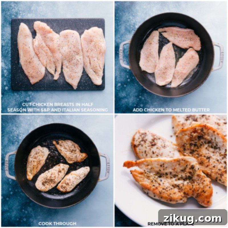 Our favorite Chicken And Broccoli Pasta starts with perfectly seared chicken. This quick and easy method locks in flavor, making it the best family dinner! #dinner #quick #easy #simple #best #chicken #broccoli #pasta Process shots showing seasoned chicken breasts being seared to a golden crisp in a hot pan