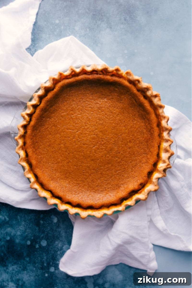 Freshly baked Pumpkin Pie recipe in a pan, golden and set just out of the oven, garnished with whipped cream and a sprinkle of cinnamon.