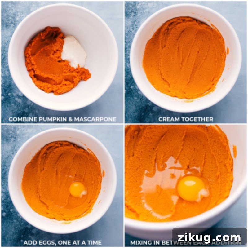 Process shots-- adding pumpkin puree, mascarpone cheese, and eggs to a mixing bowl, ready to be combined for the perfect pumpkin pie filling.