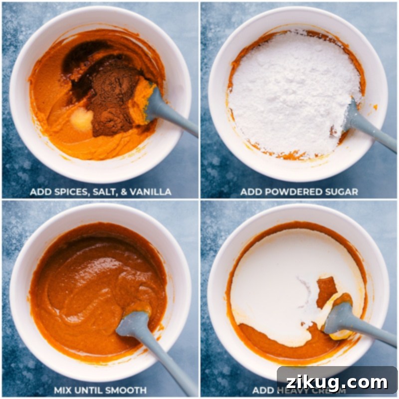Mixing spices, salt, vanilla extract, powdered sugar, and heavy cream in a bowl for the pumpkin pie filling, illustrating the preparation process.