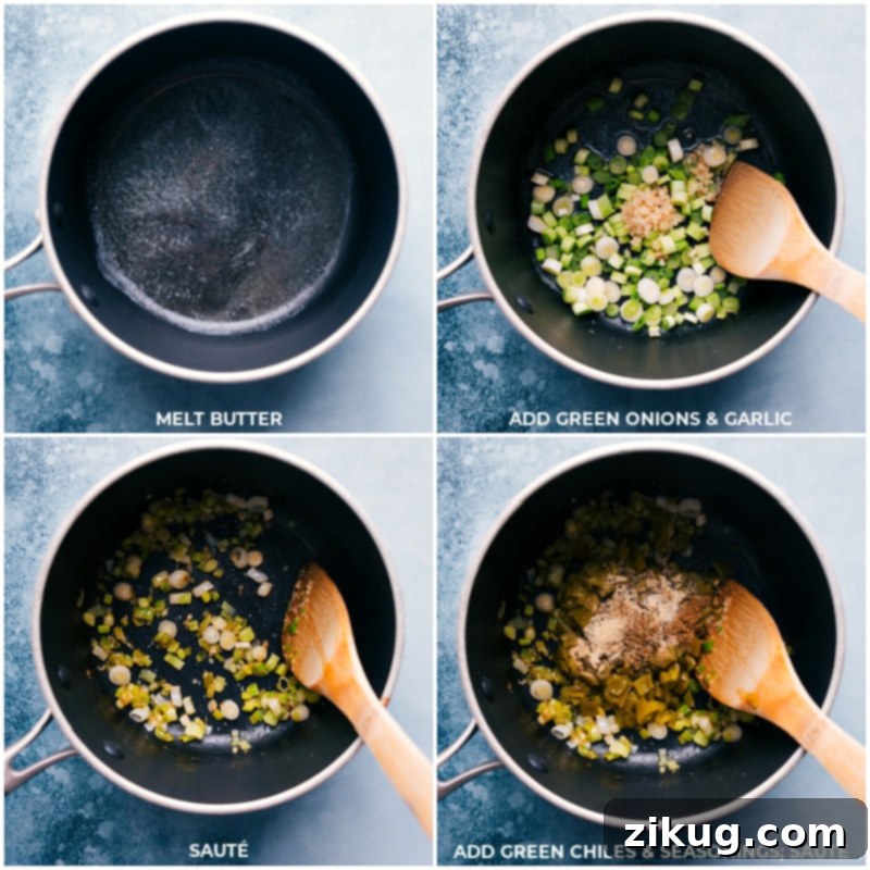 Crafting the Best Creamy Queso Dip: A step-by-step visual of sautéing aromatics and blooming spices, key to a perfectly seasoned, easy homemade cheese dip. Ideal for gameday, parties, or a delicious side dish with chips. Process shots showing the initial steps of making Queso Dip: butter melting in a pot, followed by sautéing thinly sliced green onions and minced garlic, then adding fire-roasted green chiles and a blend of savory spices.