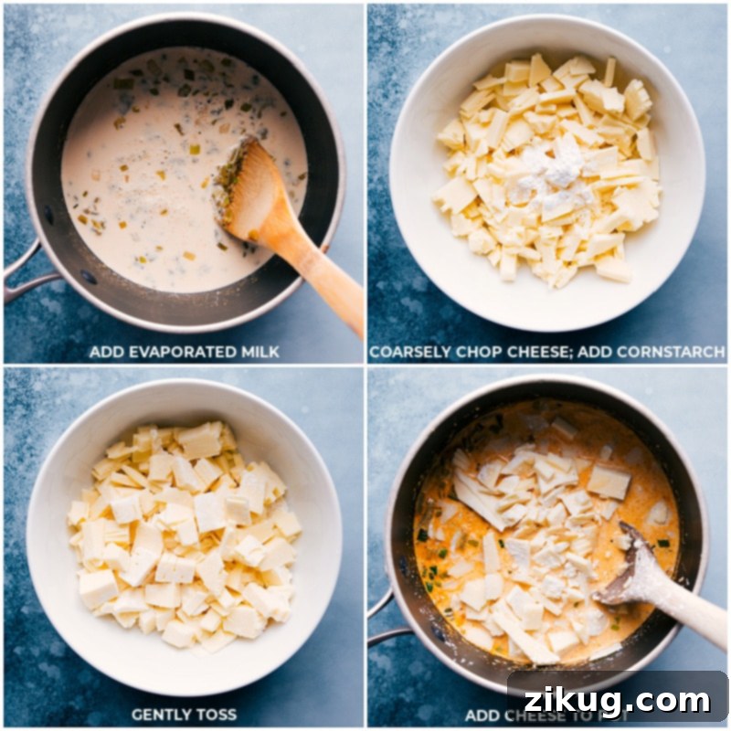 The transformation to ultimate creaminess: Visual steps of adding evaporated milk and specially prepared cheese, then melting them together to create a smooth and irresistible Queso Dip, perfect for dipping. Process shots demonstrating the final stages of Queso Dip preparation: adding evaporated milk, then incorporating cornstarch-coated white American cheese, and stirring until a smooth, melted, creamy consistency is achieved.