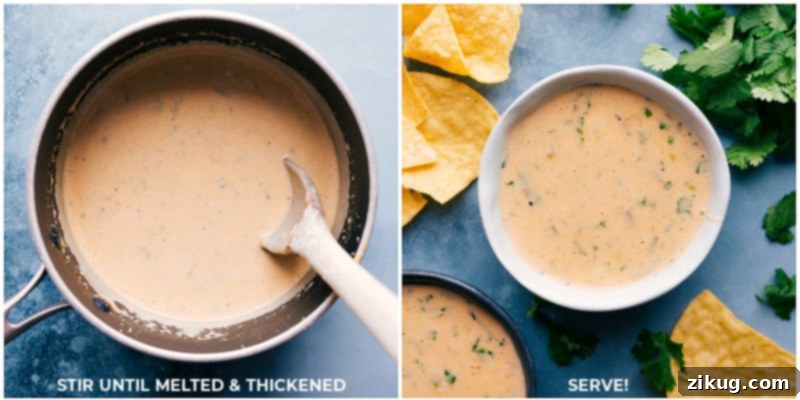 From Melted Ingredients to Perfect Serve: A visual journey of creating and serving our irresistible, ultra-creamy Queso Dip, the ultimate gameday or party snack that's easy to make at home. Overhead image of a pot on the stovetop where Queso Dip ingredients have melted into a smooth, creamy sauce, alongside a serving bowl filled with the finished dip and a pile of crispy tortilla chips, showcasing the complete experience.