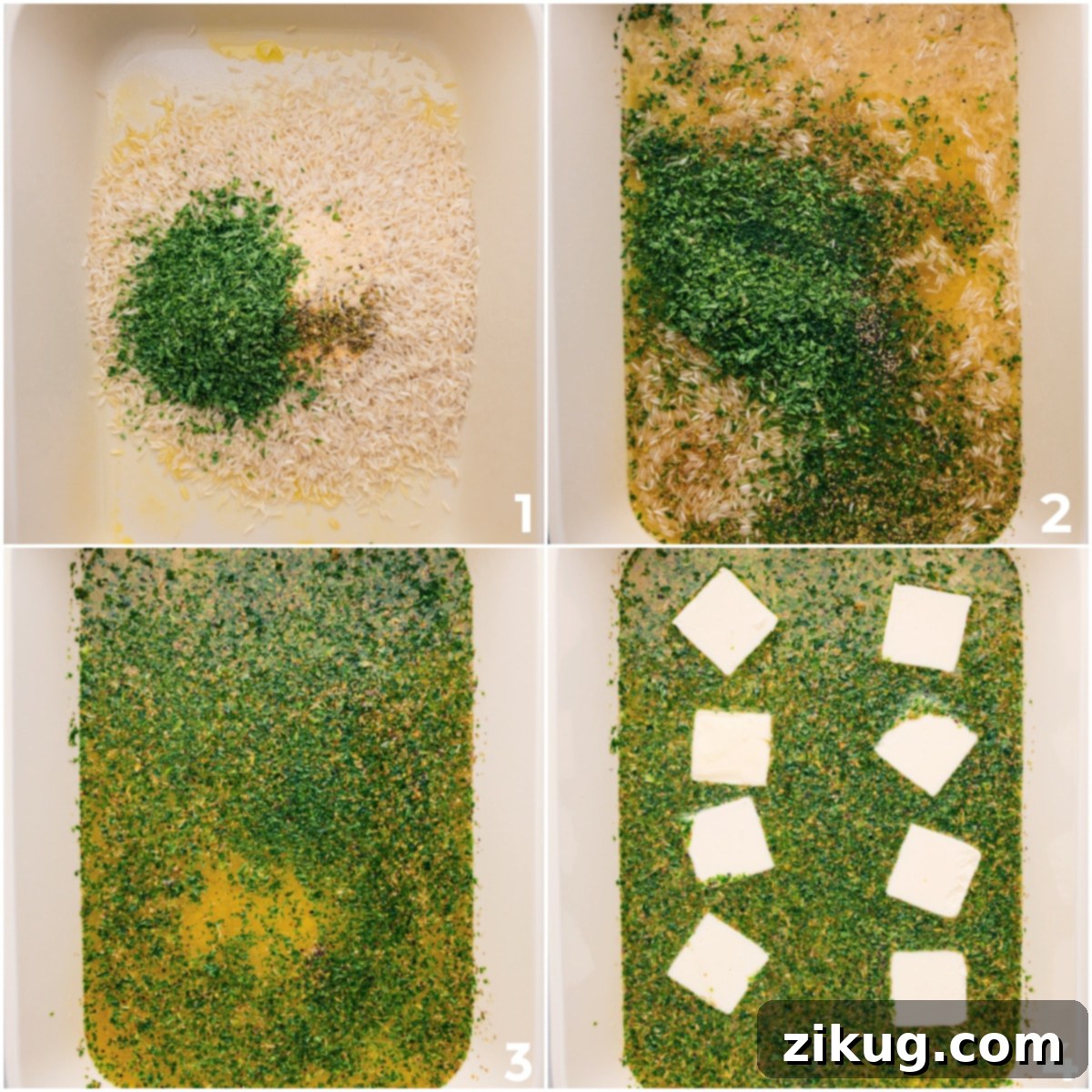 Simple Steps to Perfect One-Pan Herb Rice All the ingredients are added to a casserole dish and baked for this herb rice recipe.