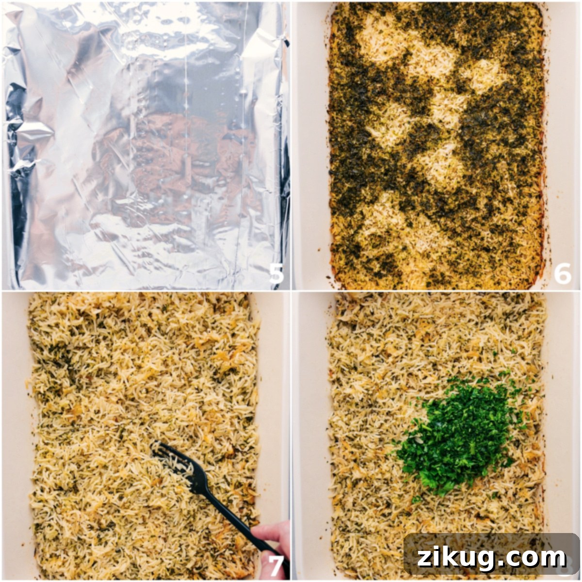 Fluffy Herb Rice Baked to Perfection in One Casserole Dish The dish comes fresh out of the oven, a fork fluffing it, followed by a sprinkle of fresh parsley.