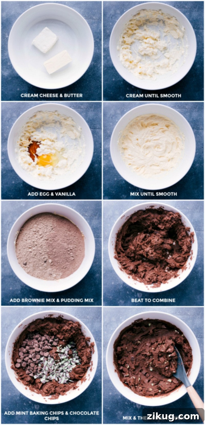 Step-by-step images showing the preparation of Mint Brownie Cookie dough: creaming butter and cream cheese, mixing in egg and vanilla, combining brownie and pudding mixes, then folding in mint and chocolate chips before chilling.