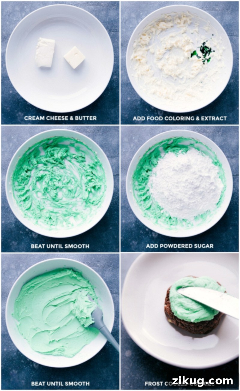 Process shots illustrating the creation of peppermint frosting: creaming cream cheese and butter, incorporating peppermint extract and optional green food coloring, and gradually beating in powdered sugar until smooth.
