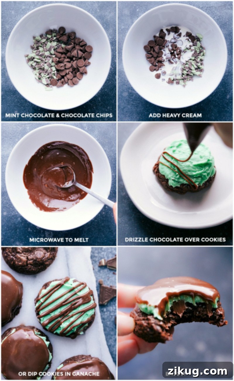 Process shots demonstrating the creation of mint chocolate ganache: combining mint chips, chocolate chips, and heavy cream in a bowl, microwaving until melted and smooth, then drizzling over the cookies.
