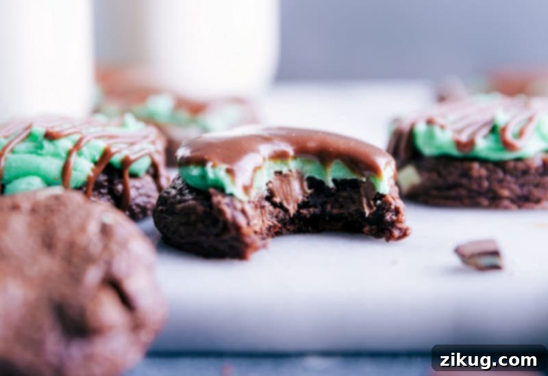 A close-up view of two finished Mint Brownie Cookies, beautifully adorned with creamy green peppermint frosting and a delicate drizzle of chocolate ganache.