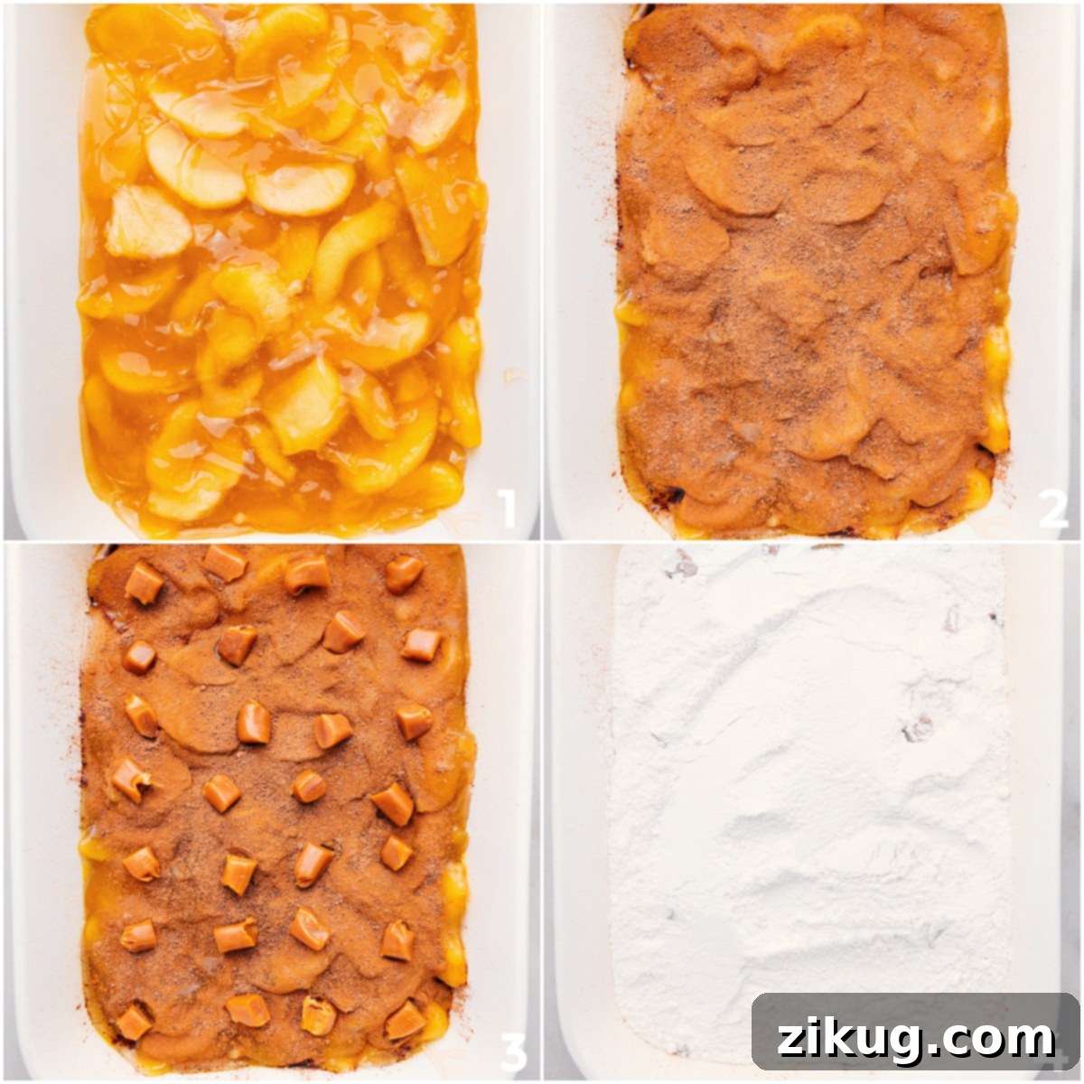 How To Make Apple Dump Cake Layer the apple pie filling first, then add the cake mix, spices, and caramels into the 9x13 pan.