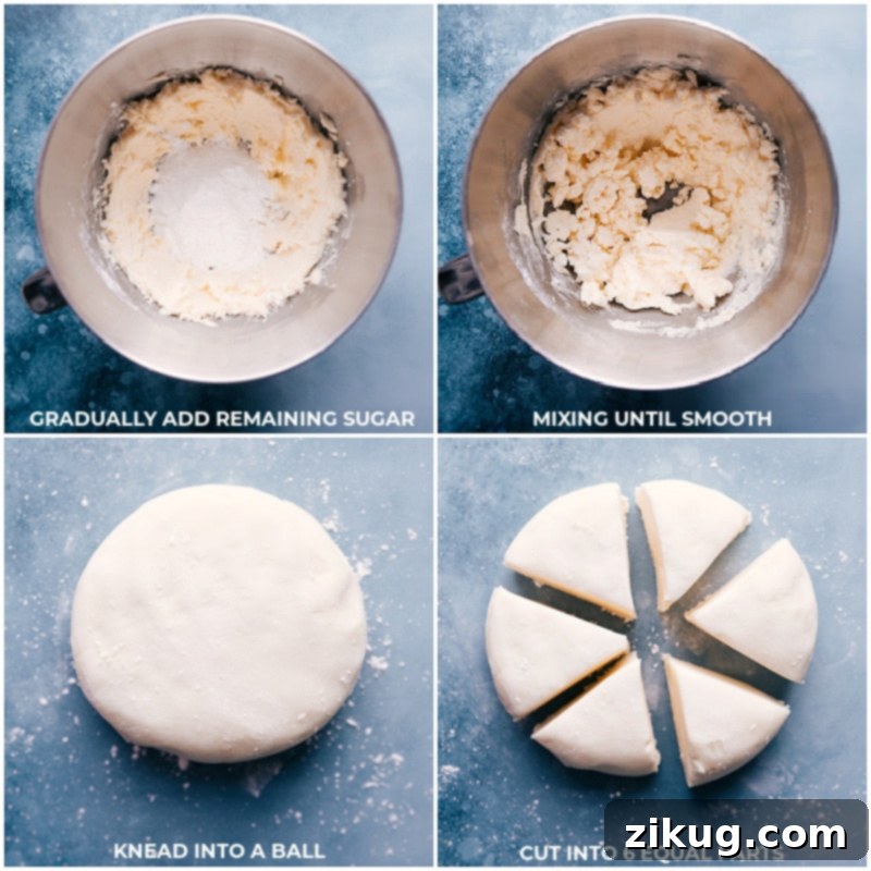 This Butter Mints recipe delivers sweet and pepperminty confections with a soft and creamy, melt-in-your-mouth interior. #buttermints #candy #homemade #easy #mints #treat #party #special Process shot of butter mints: add sugar, mix until smooth; knead into a ball; cut into wedges