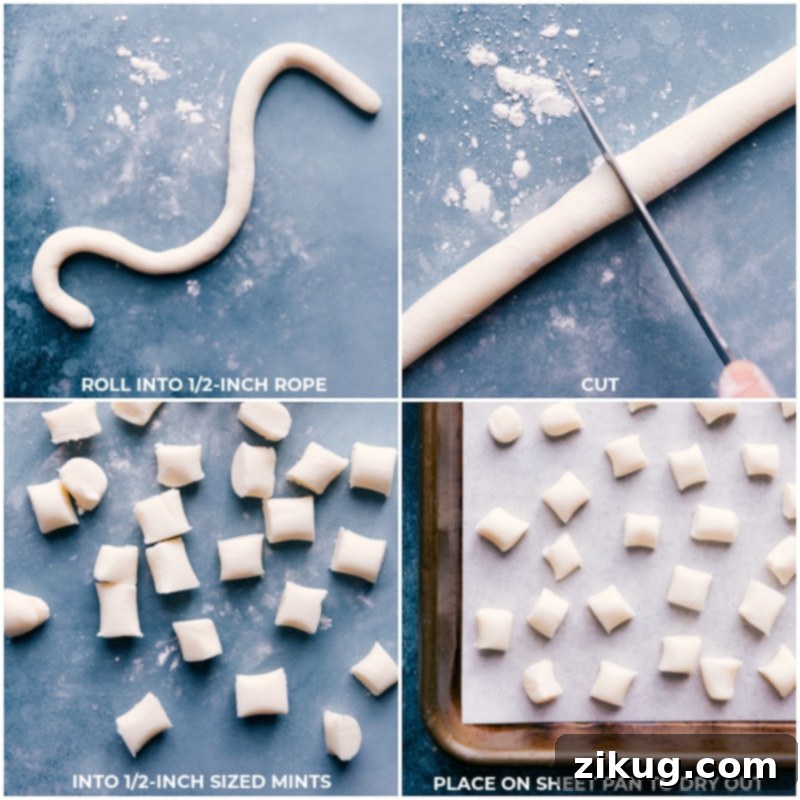 Butter Mints! Making candy from scratch can seem daunting, but these mints are so simple to whip together – no candy thermometer needed. Try this homemade version! #buttermints #candy #homemade #easy #mints #treat #party #special Process shots: roll the dough into a rope; cut into 1/2-inch chunks; set aside to dry