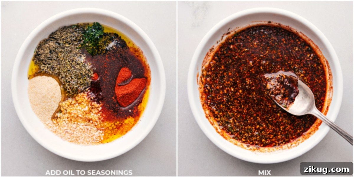 Assorted dried seasonings are being carefully poured into a small bowl containing olive oil, ready to be mixed into a flavorful rub for the turkey recipe.