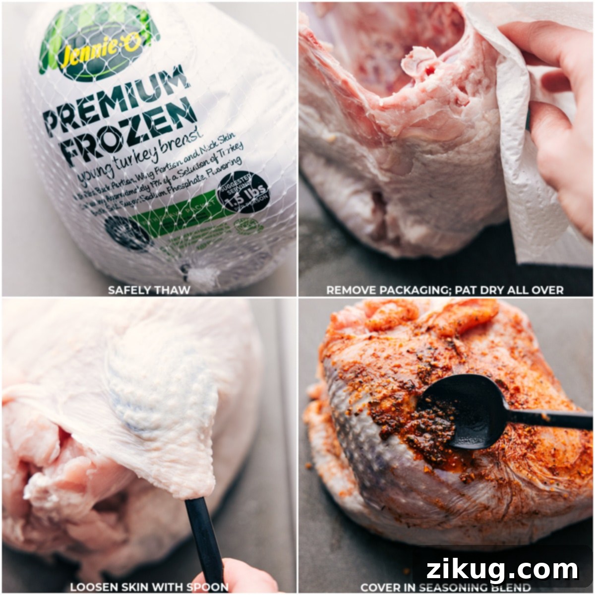 A fully thawed turkey breast is being meticulously prepared: removed from its packaging, patted thoroughly dry, with the skin carefully loosened to allow for an even application of the aromatic seasoning blend.