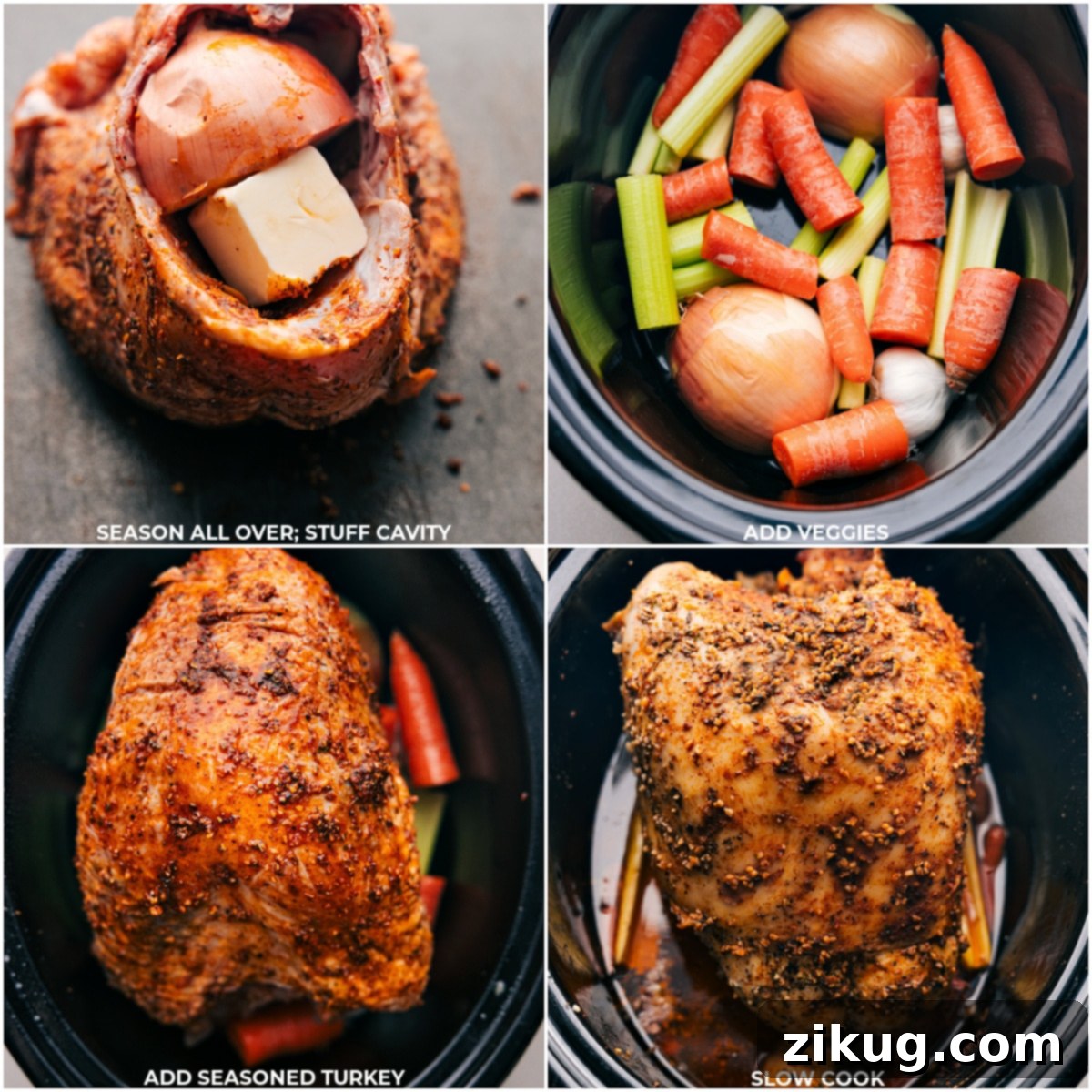The step-by-step process of preparing a delicious turkey breast for slow cooking: seasoning the turkey all over with a rich rub, carefully stuffing its cavity with aromatics, arranging a bed of vegetables in the crockpot, and finally, placing the seasoned turkey on top, ready for cooking to achieve that perfect tenderness.