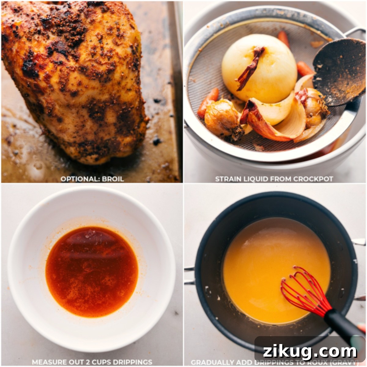 The process of preparing a delectable gravy: cooked turkey is carefully removed from the crockpot for optional broiling, while the rich cooking liquid is strained, combined with additional drippings, and expertly thickened to create a savory accompaniment.