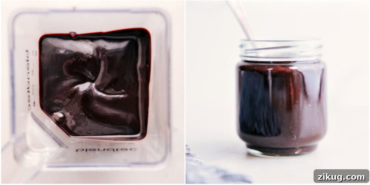 The silky smooth hot fudge sauce is poured into a convenient mason jar for easy storage and serving, ready to elevate any dessert.