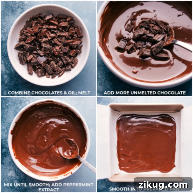 Carefully melting the chocolate base for a perfect, glossy first layer of Peppermint Bark. Process shot showing dark chocolate being gently melted in a microwave-safe bowl, ready to be spread into a prepared baking pan for the first layer of Peppermint Bark.