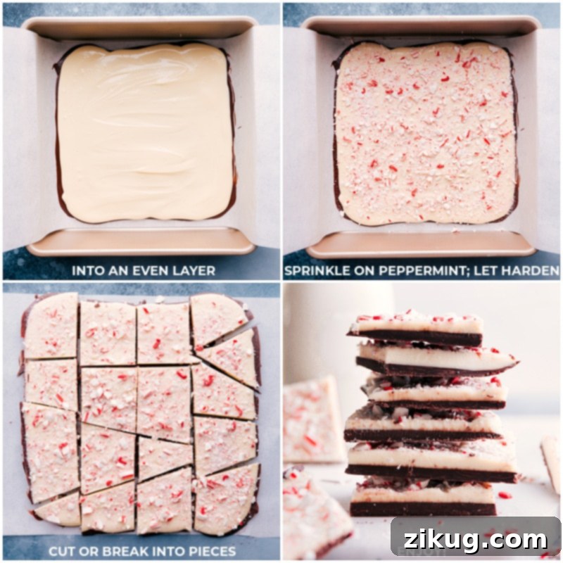 The final festive touch: sprinkling crushed peppermint over layers of chocolate for our perfect Peppermint Bark. Process shot of vibrant crushed peppermint being sprinkled generously over the freshly layered white chocolate for Peppermint Bark.