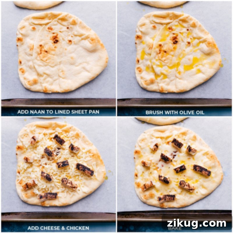 Baking Naan Flatbread with Chicken and Cheese Process shot: Naan bread topped with cheese and rotisserie chicken, baking in the oven.