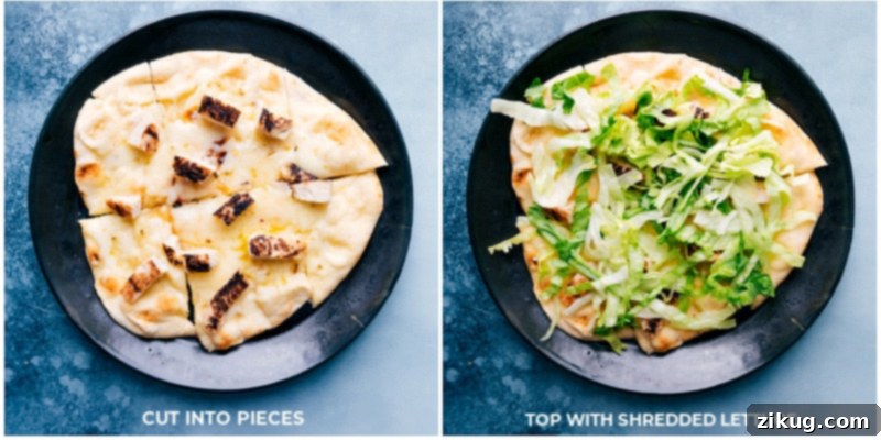Adding Fresh Lettuce to Chipotle Chicken Flatbread Process shot: Shredded iceberg lettuce being added as a fresh topping to the baked flatbread.