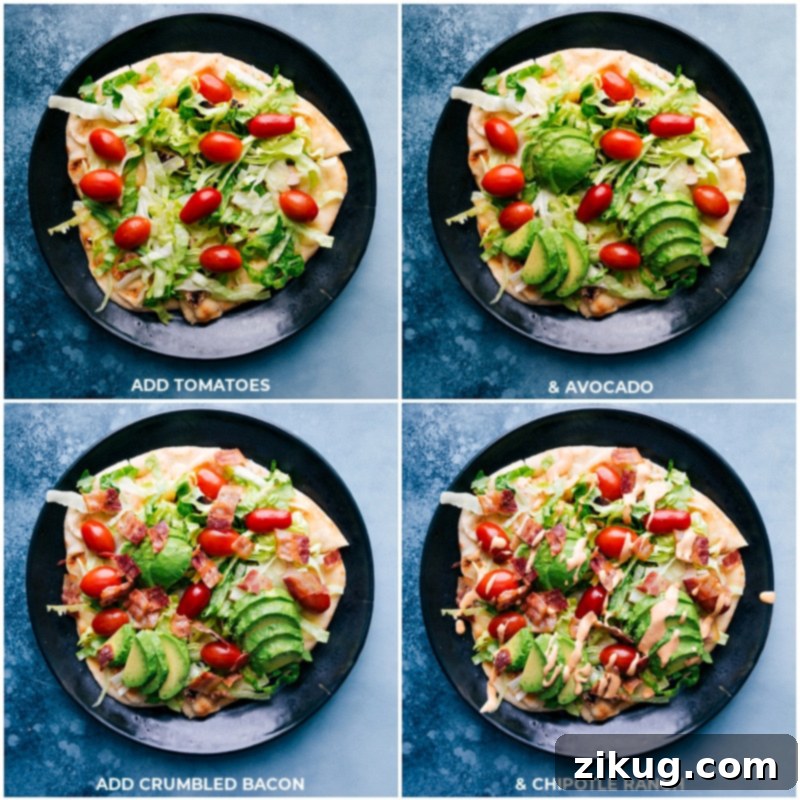Fresh Toppings for Chipotle Chicken Flatbread Process shot: Assortment of fresh toppings including cherry tomatoes, avocado, and crumbled bacon, ready to be added to the flatbread.