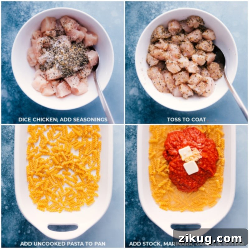 Process shots showing various ingredients being added to a 9x13-inch baking pan: first diced chicken coated in seasonings, then uncooked rotini pasta, chicken stock, marinara sauce, minced garlic, and pats of butter.