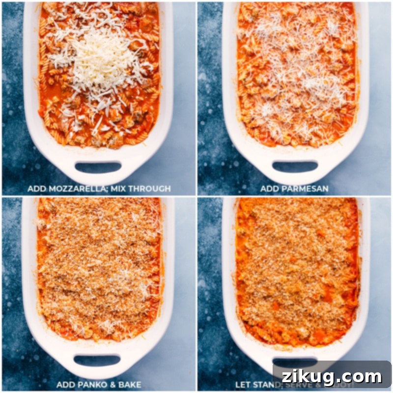 Final dish of One-Pan Chicken Parmesan Pasta showcasing abundant melted mozzarella and Parmesan cheese, crowned with golden-brown, crispy panko breadcrumbs, fresh from the oven.