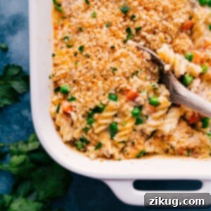 A delicious creamy one-pan tuna casserole, freshly baked with a golden topping.