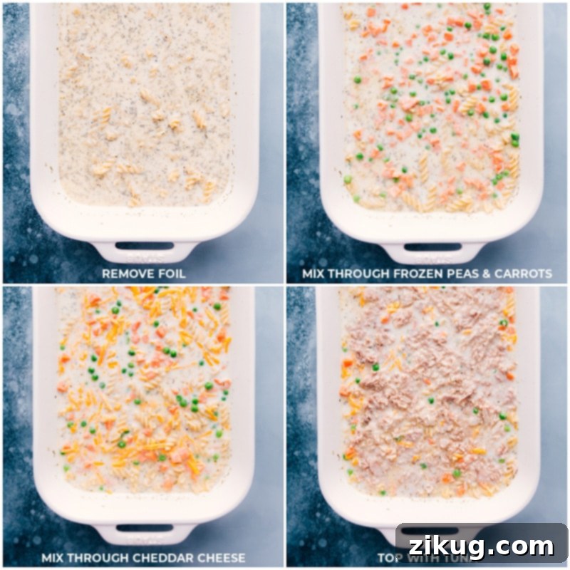 Process shots of Tuna Casserole-- images of the foil being removed after initial baking, frozen peas, carrots, cheese, and tuna being added and stirred in.